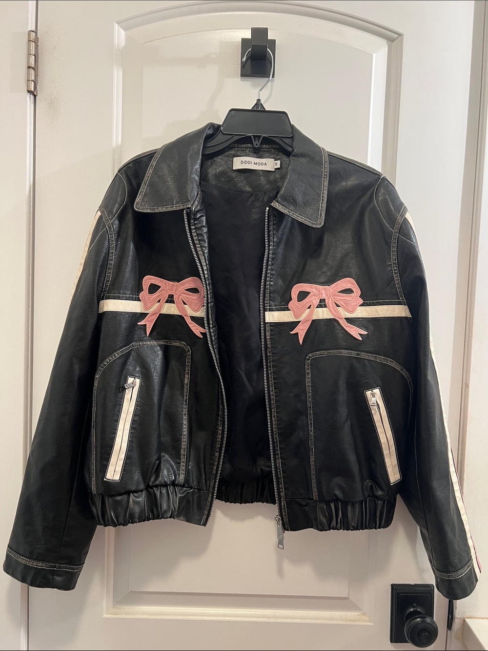Black Faux Leather Bomber Jacket with Pink Bow Accents